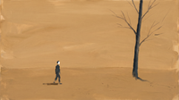 Original wide oil painting of a navy-coated figure walking across a glowing golden-ochre field toward a navy bare tree, horizontal landscape