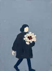 Oil painting of a woman in a charcoal dress holding a dark open umbrella above her head, looking down, on a slate blue-grey ground.