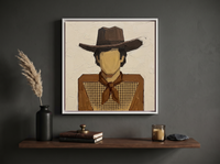 Cowboy in a Checked Shirt Wall Art — Original Palette-Knife Oil, Brown & Cream — original hand-painted oil shown on the wall in a styled room