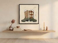 Cowboy Boots Wall Art — Original Palette-Knife Oil, Olive & Rust — original hand-painted oil shown on the wall in a styled room