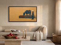 Cowgirl and Horse at the Trough Wide Wall Art — Original Palette-Knife Oil, Golden Ochre & Navy — original hand-painted oil shown on the wall in a styled room