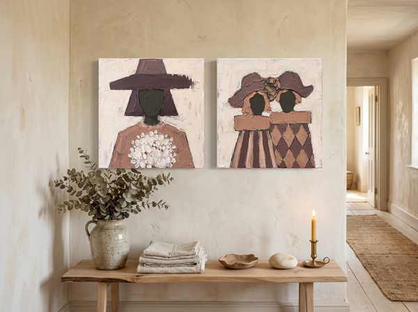 Bouquet Woman & Two Sisters — Set of 2 Original Oils, Mauve & Rose