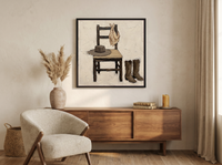 Cowboy Chair Still Life Wall Art — Original Palette-Knife Oil, Brown & Cream — original hand-painted oil shown on the wall in a styled room