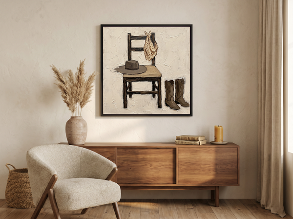 Cowboy Chair Still Life Wall Art — Original Palette-Knife Oil, Brown & Cream