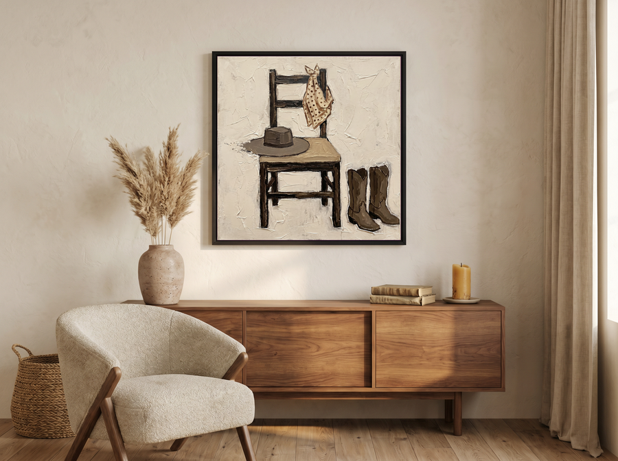 Cowboy Chair Still Life Wall Art — Original Palette-Knife Oil, Brown & Cream