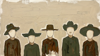 Original wide oil painting of five front-facing figures in olive-green and brown coats and assorted hats with blank cream faces on a pale oat ground