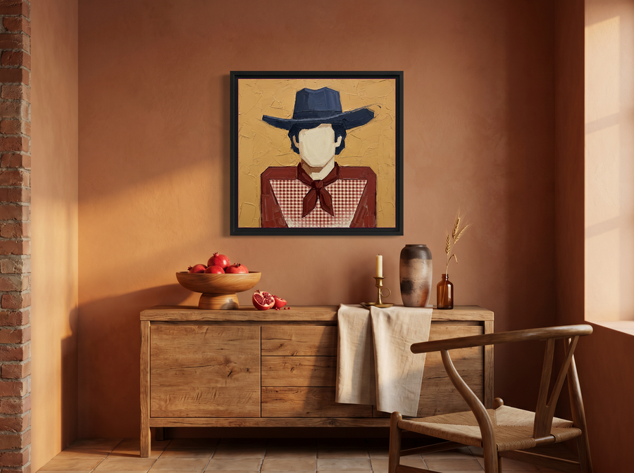 Cowboy in a Checked Shirt Wall Art — Original Palette-Knife Oil, Navy & Red