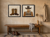 Cowboy Boots & Cowboy — Set of 2 Original Oils, Chocolate & Tan — original hand-painted oil shown on the wall in a styled room