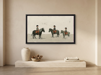 Three Children on Ponies Wide Wall Art — Original Palette-Knife Oil, Sage & Terracotta — original hand-painted oil shown on the wall in a styled room
