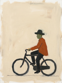 Oil painting of a man in a burnt-orange coat riding a bicycle to the left, the wheels two dark circles, on a soft cream ground.