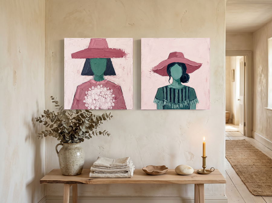 Women in Hats — Set of 2 Original Oils, Pink & Emerald