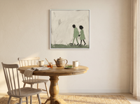 Couple Walking Together Wall Art — Original Oil, Sage & Cream — original hand-painted oil shown on the wall in a styled room
