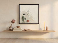 Woman Watering a Plant Wall Art — Original Palette-Knife Oil, Sage & Terracotta — original hand-painted oil shown on the wall in a styled room