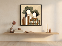 Two Ladies in Olive Hats Wall Art — Original Palette-Knife Oil, Olive & Cream — original hand-painted oil shown on the wall in a styled room