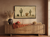Desert Cacti Row Wide Wall Art — Original Palette-Knife Oil, Olive & Cream — original hand-painted oil shown on the wall in a styled room