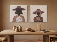 Women in Hats — Set of 2 Original Oils, Mauve & Rose — original hand-painted oil shown on the wall in a styled room