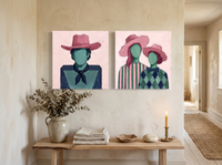 Cowboy & Two Cowgirls — Set of 2 Original Oils, Blush & Emerald — original hand-painted oil shown on the wall in a styled room