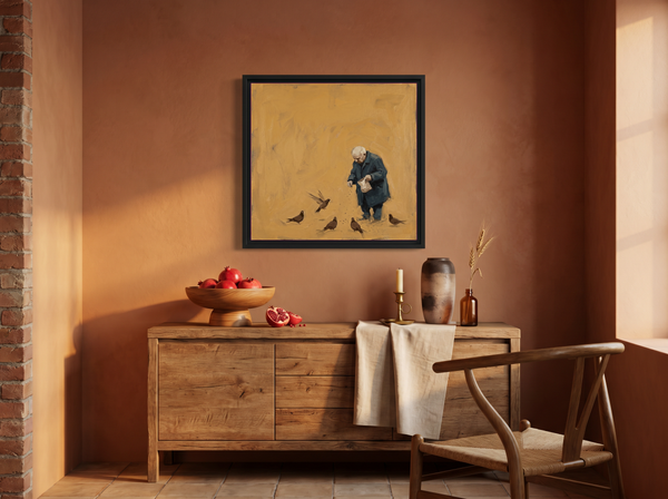 Old Man Feeding Pigeons Wall Art — Original Palette-Knife Oil, Ochre & Teal