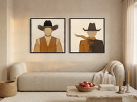 Cowboy Pair, Front & Back — Set of 2 Original Oils, Rust & Chocolate — original hand-painted oil shown on the wall in a styled room