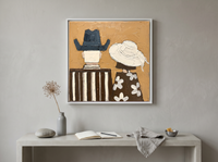 Cowboy & Cowgirl from Behind Wall Art — Original Palette-Knife Oil, Slate Blue & Ochre — original hand-painted oil shown on the wall in a styled room