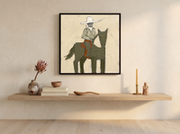 Cowgirl on Horseback Wall Art — Original Palette-Knife Oil, Olive & Cream — original hand-painted oil shown on the wall in a styled room
