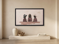Three Women with Wine Wide Wall Art — Original Palette-Knife Oil, Mauve & Plum — original hand-painted oil shown on the wall in a styled room