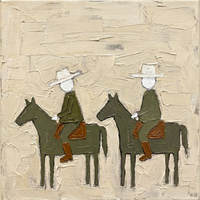 Original oil painting of two riders in white hats and olive coats on olive-green horses facing left, heavy palette-knife texture on a cream ground