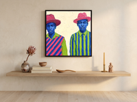 Two Figures in Hats Wall Art — Original Palette-Knife Oil, Pink & Cobalt — original hand-painted oil shown on the wall in a styled room