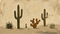 Original wide oil painting of olive-green saguaro and rust prickly-pear cacti with a tiny walking figure across a pale oat desert plain