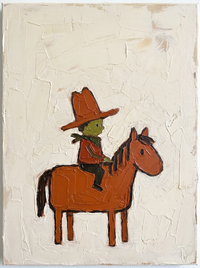 Heavy impasto oil portrait of a cowboy face-on under a large angular rust hat, an olive-grey blank face and a rust shirt, on a cream ground.