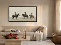 Three Children on Ponies Wide Wall Art — Original Palette-Knife Oil, Sage & Terracotta — original hand-painted oil shown on the wall in a styled room