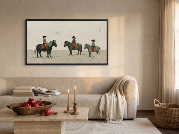 Three Children on Ponies Wide Wall Art — Original Palette-Knife Oil, Sage & Terracotta