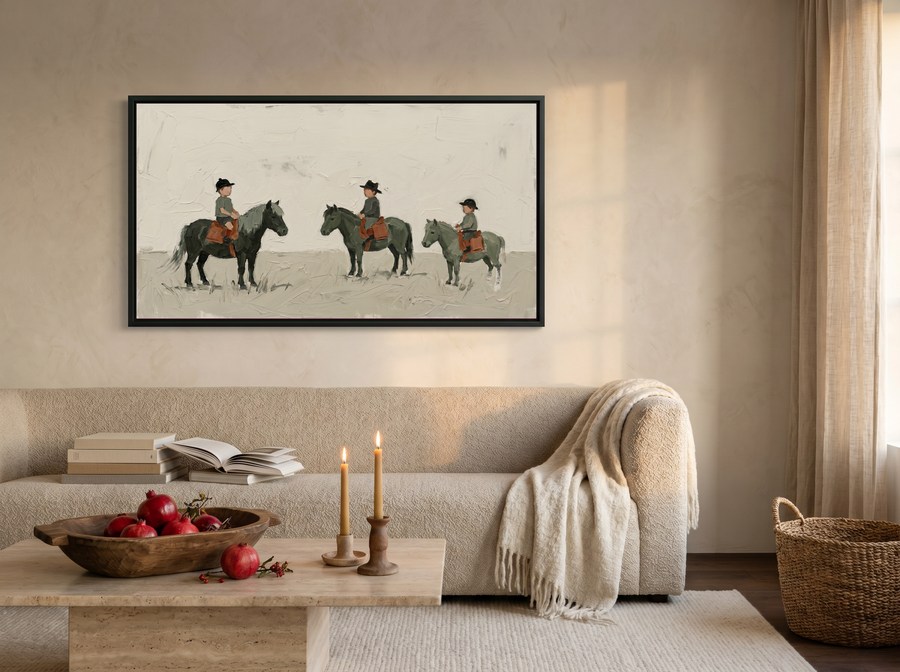 Three Children on Ponies Wide Wall Art — Original Palette-Knife Oil, Sage & Terracotta