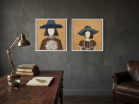 Women in Hats — Set of 2 Original Oils, Slate Blue on Ochre — original hand-painted oil shown on the wall in a styled room