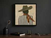 Cowgirl from Behind Wall Art — Original Palette-Knife Oil, Olive & Caramel — original hand-painted oil shown on the wall in a styled room