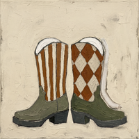 Oil painting of a pair of cowboy boots toe to toe, olive-green feet with one shaft striped in sienna and one set with sienna-and-cream diamonds, white tops, on a cream ground.