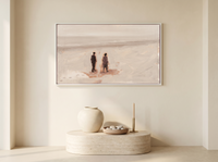 Two Figures on a Misty Beach Wide Wall Art — Original Oil, Mauve & Taupe — original hand-painted oil shown on the wall in a styled room