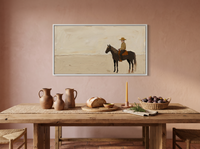 Cowboy on Horseback Wide Wall Art — Original Palette-Knife Oil, Chocolate & Tan — original hand-painted oil shown on the wall in a styled room