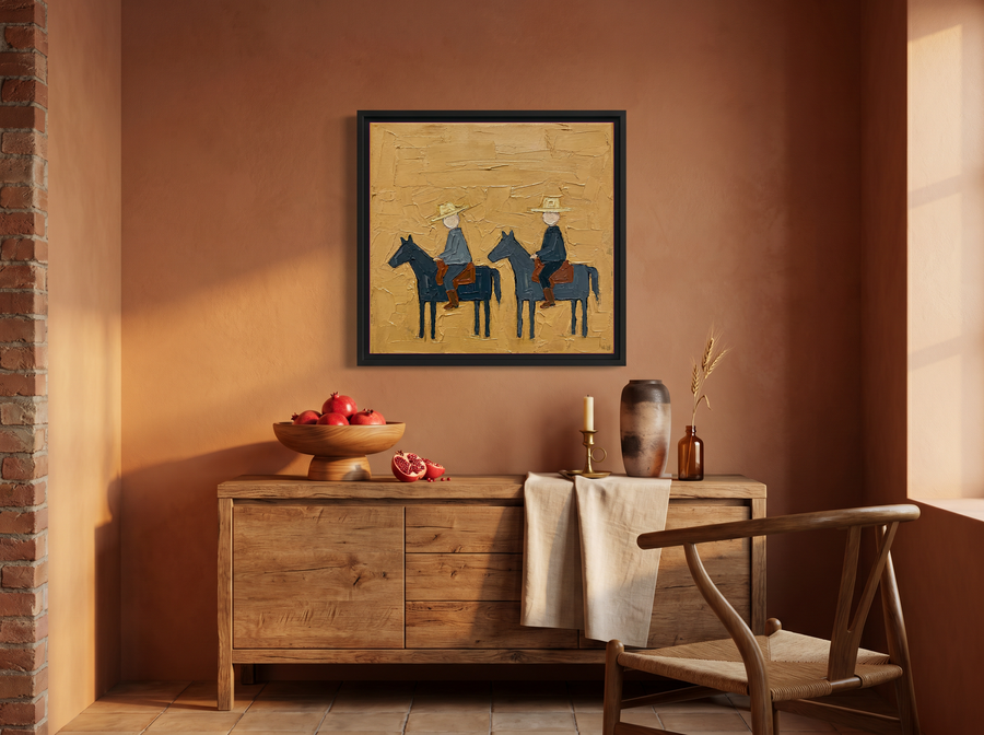 Two Riders on Horseback Wall Art — Original Palette-Knife Oil, Slate Blue & Ochre