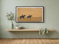 Two Riders on Ochre Wide Canvas — Original Palette-Knife Oil, Golden Ochre & Slate Blue — original hand-painted oil shown on the wall in a styled room