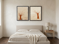Mirrored Bare Trees — Set of 2 Original Oils, Rust on Cream — original hand-painted oil shown on the wall in a styled room