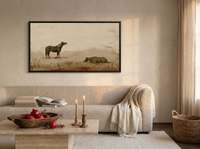 Standing and Resting Horses Wide Wall Art — Original Palette-Knife Oil, Olive & Oat — original hand-painted oil shown on the wall in a styled room