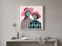 Two Ladies in Pink Hats Wall Art — Original Palette-Knife Oil, Rose & Emerald — original hand-painted oil shown on the wall in a styled room