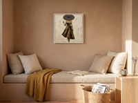 Walking Lady in a Wide Hat Wall Art — Original Palette-Knife Oil, Espresso & Gold — original hand-painted oil shown on the wall in a styled room