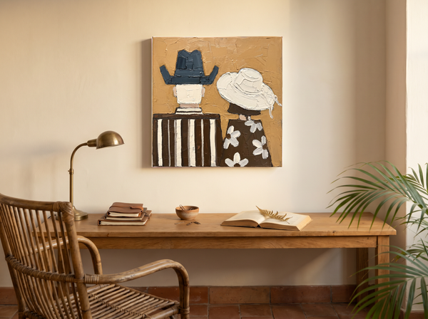 Cowboy & Cowgirl from Behind Wall Art — Original Palette-Knife Oil, Slate Blue & Ochre