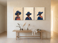 Three Women in Hats Triptych — 3 Original Oils, Indigo & Coral — original hand-painted oil shown on the wall in a styled room