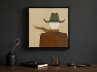 Cowboy from Behind Wall Art — Original Palette-Knife Oil, Olive & Caramel — original hand-painted oil shown on the wall in a styled room