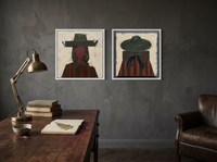 Cowgirls Turning Toward Each Other — Set of 2 Original Oils, Olive & Oxblood — original hand-painted oil shown on the wall in a styled room