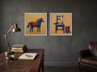Horse & Cowboy Gear — Set of 2 Original Oils, Navy & Vermilion — original hand-painted oil shown on the wall in a styled room