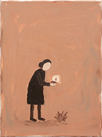Oil painting of a shepherd in a dark coat holding a white lamb up to his shoulder, on a terracotta ground.